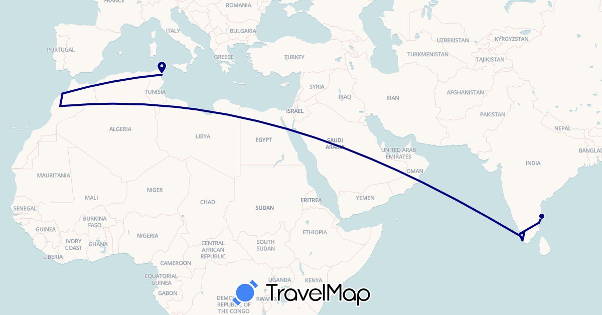 TravelMap itinerary: driving in India, Morocco, Tunisia (Africa, Asia)
